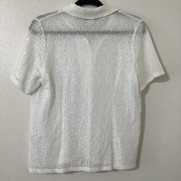 Vintage 90s White Sheer Lace Cottagecore Preppy Clean Girl Button Up Shirt S - Picture 5 of 8